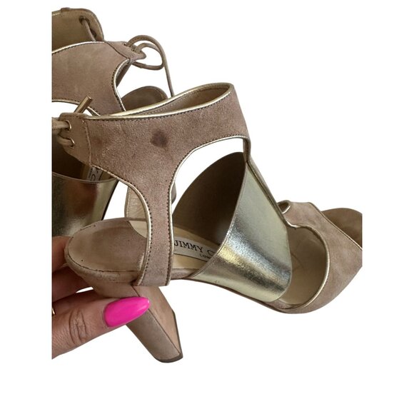 JIMMY CHOO Moira Tan Suede Ankle Tie Sandals Heels Size 37.5 - Picture 6 of 9